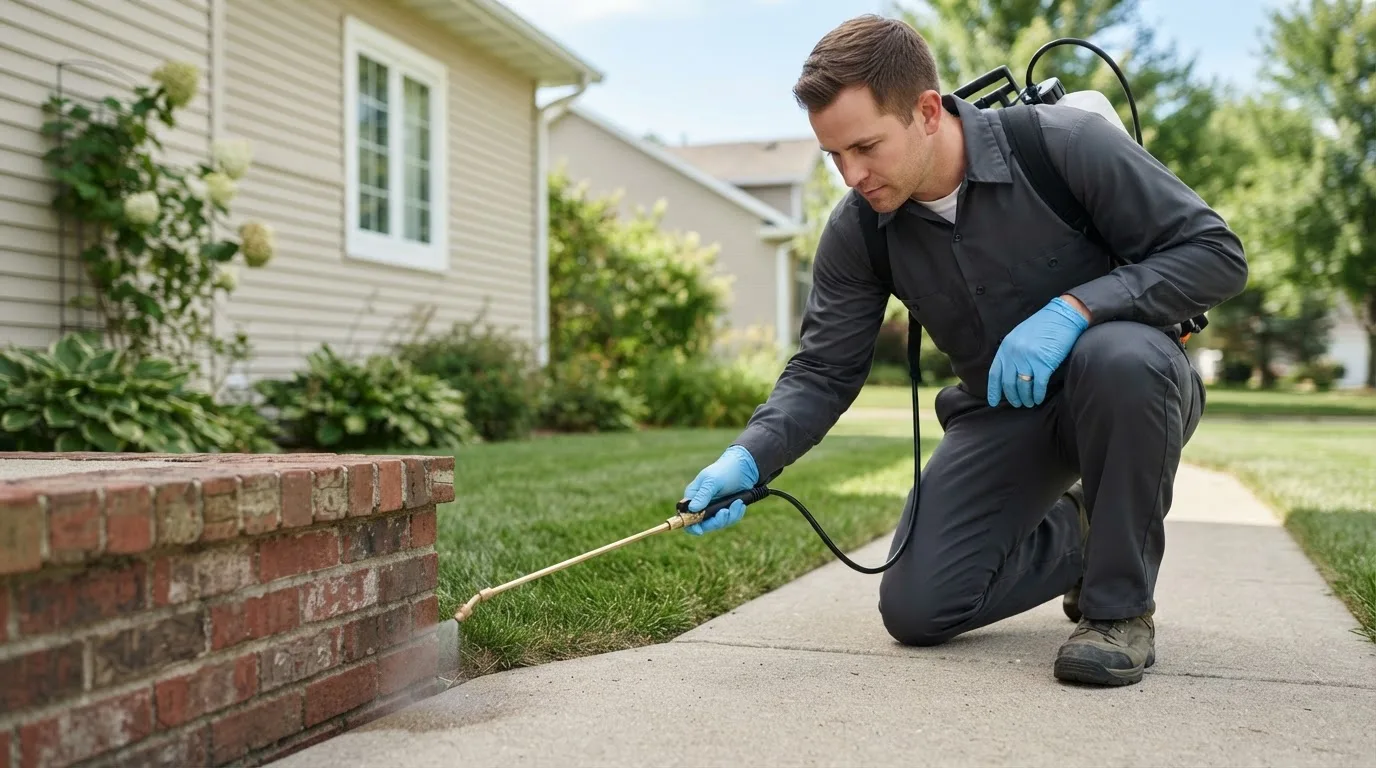 Pest control technician treating a home near Honor, MI