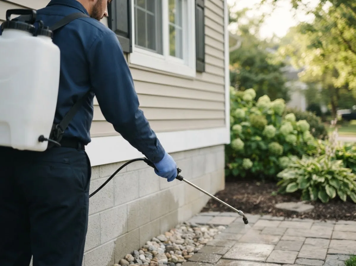 Pest control technician inspecting a home in Honor, MI